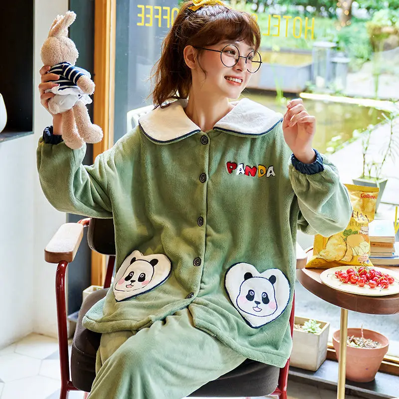 Thickened Plus Flannel Women Sleepwear Coral Velvet Pajamas Autumn and Winter Cute Home Service Suits Nightwear Pijama Set