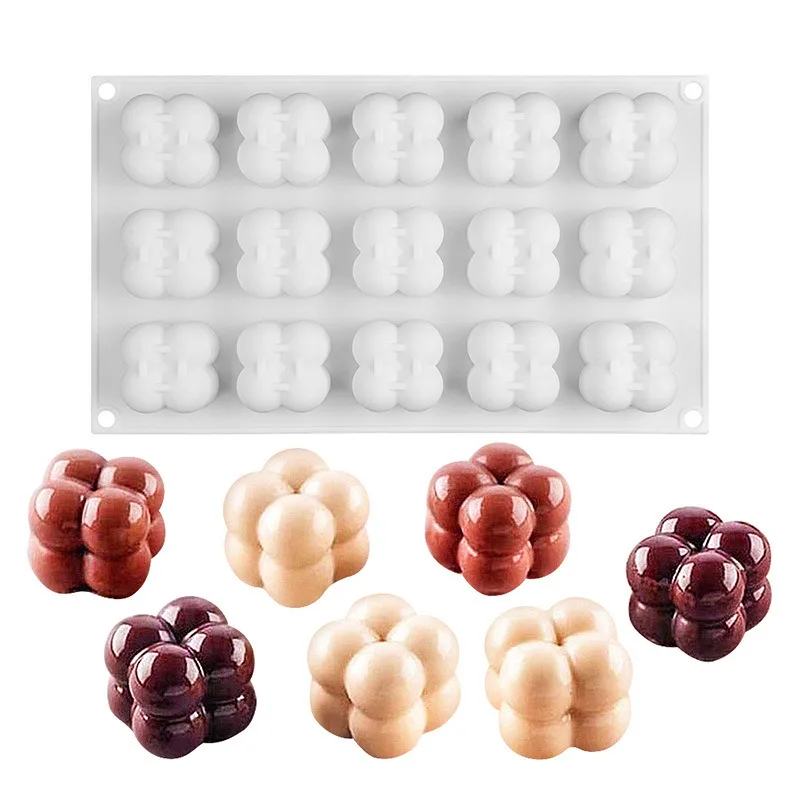 

2021 New 15 Cavities Silicone Candle Mould 3D Cube Square Bubble DIY Non-stick Kitchen Dessert Cake Tray Oven Safe Cake Molds