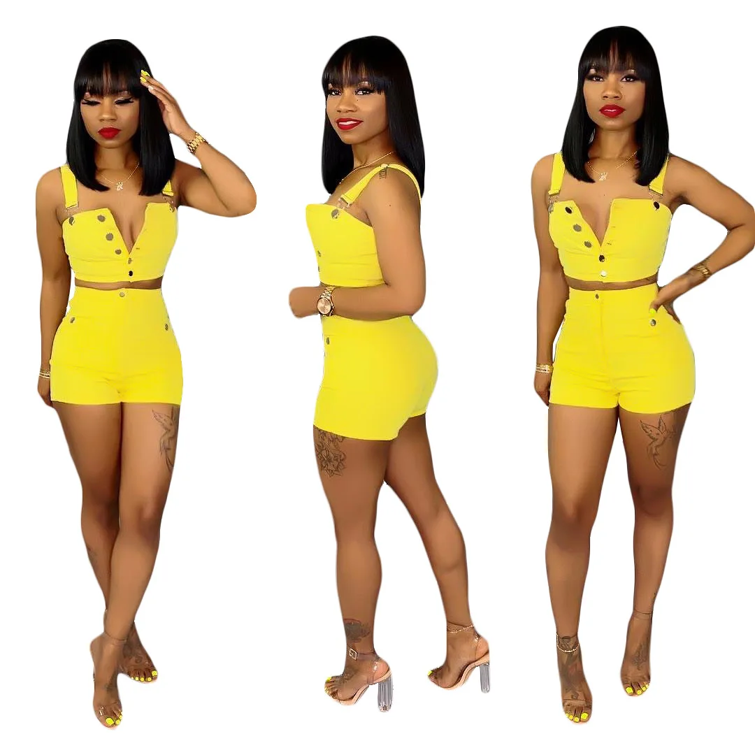 Новинка 2019 Женский Летний джинсовый спортивный костюм повседневный на пуговицах