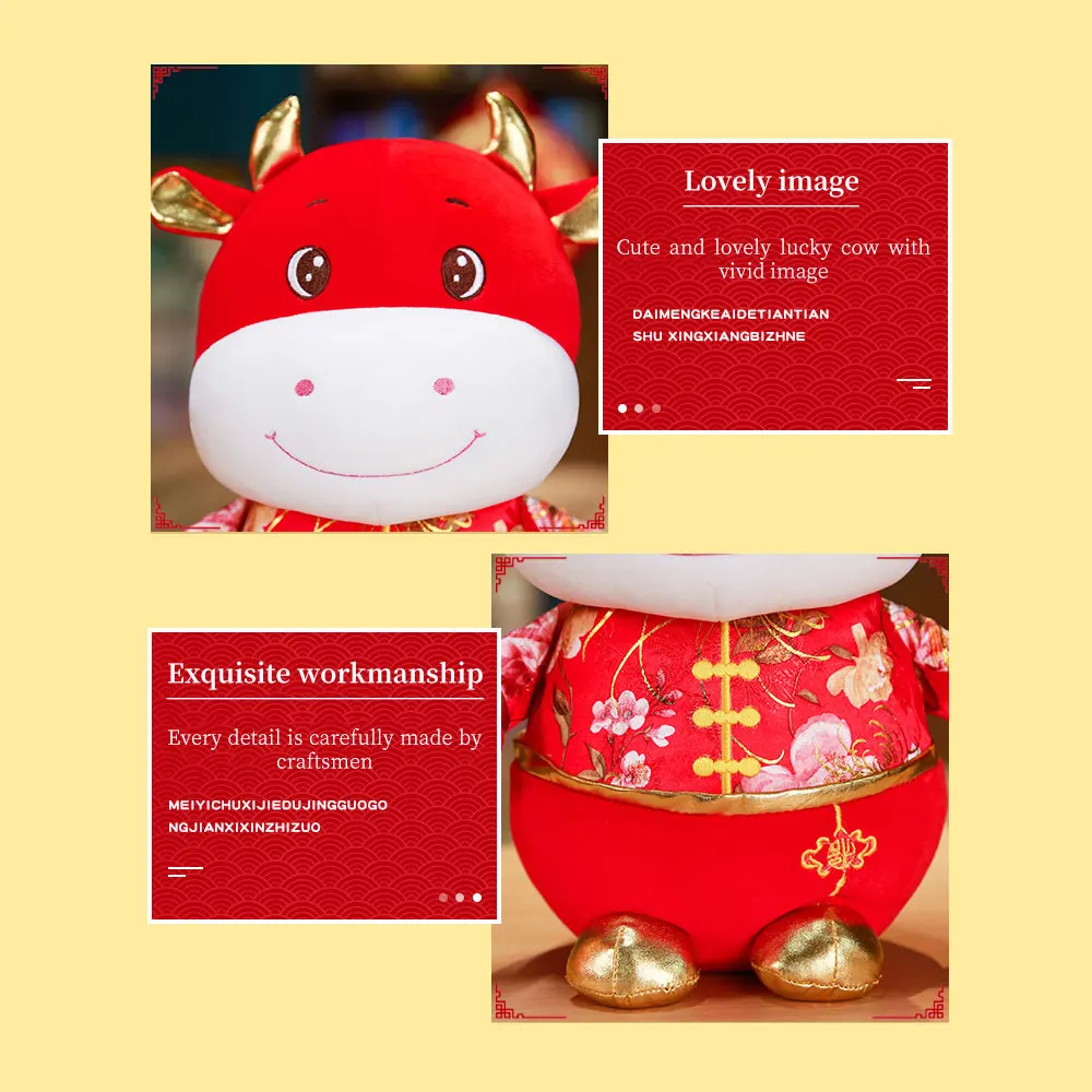 

Happy New Year Tang Costume Festive Cow Doll Cute Cattle Cartoon Soft Plush Toys Stuffed Hug Doll Lovely Kids Gift Home Decor