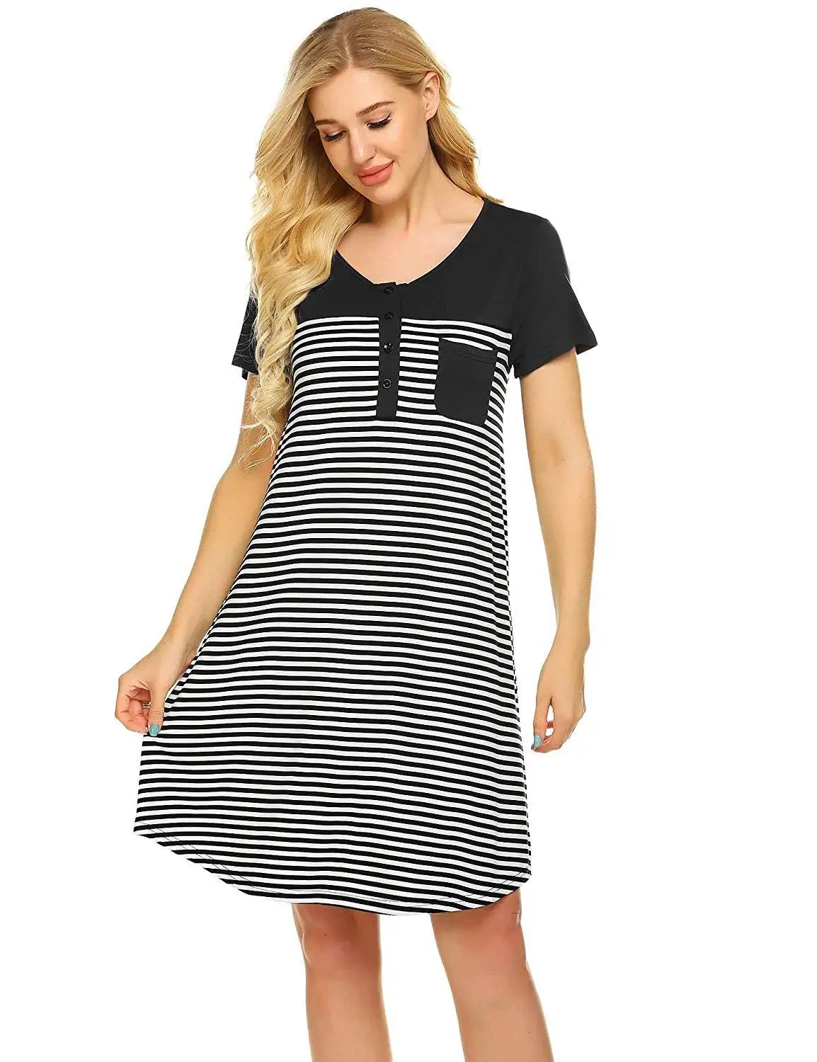 

Summer dress for pregnant women and breastfeeding pregnant women with striped stitching pocket sleeves breastfeeding top