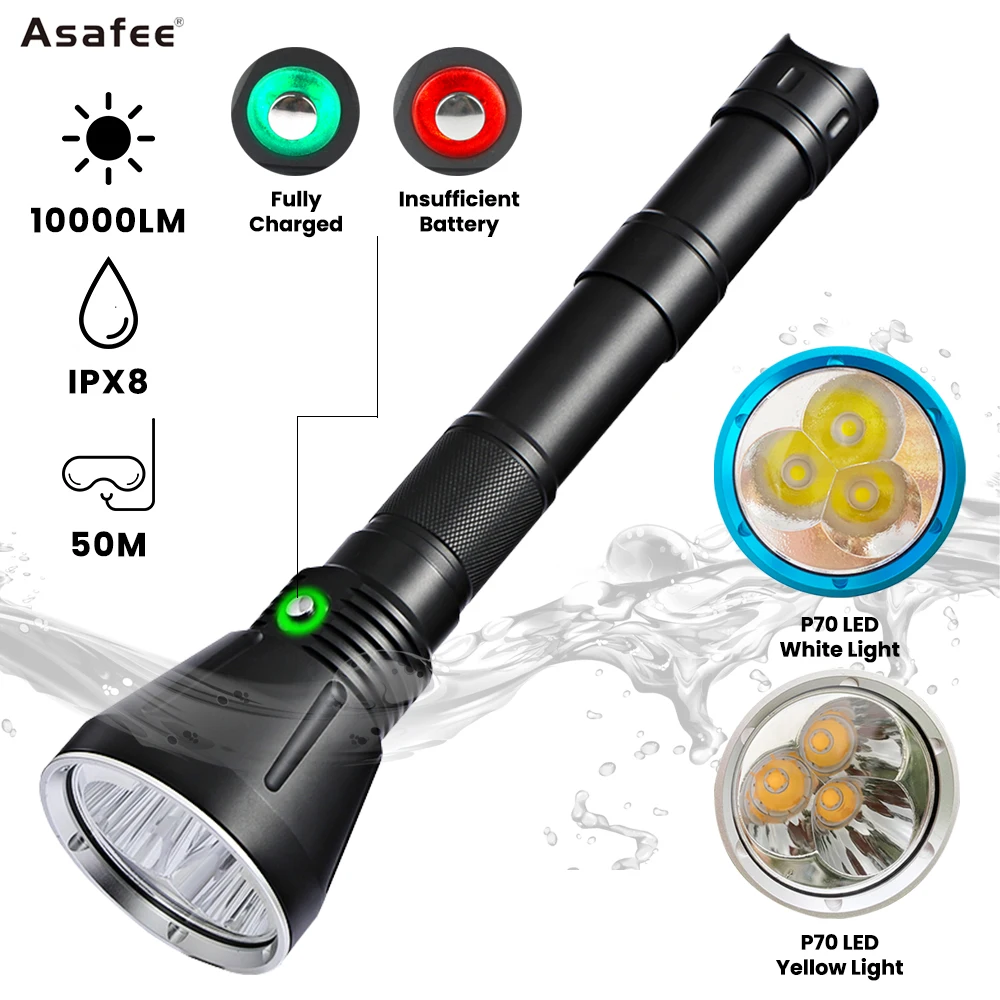 Asafee DA18 10000lm Diving Flashlight XHP70.2 SST70 Powerful LED Flashlight Waterproof Underwater Torch Rechargeable Lanterns