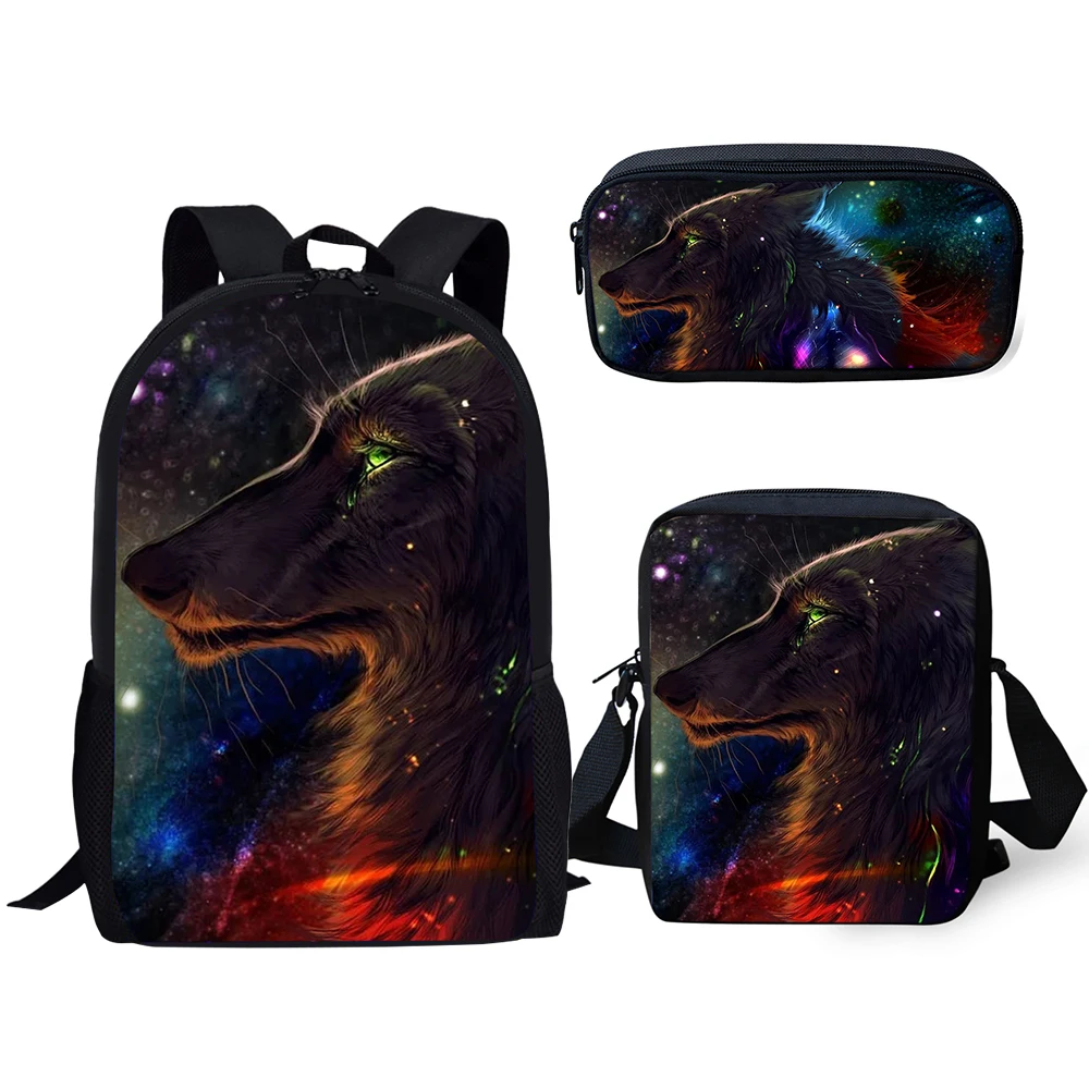 HaoYun Kids Backpacks Set Fantasy Wolf Pattern School Book Bags Cartoon Animal Students 3PCs/Set Backpack/Flaps Bag/Pen Bags
