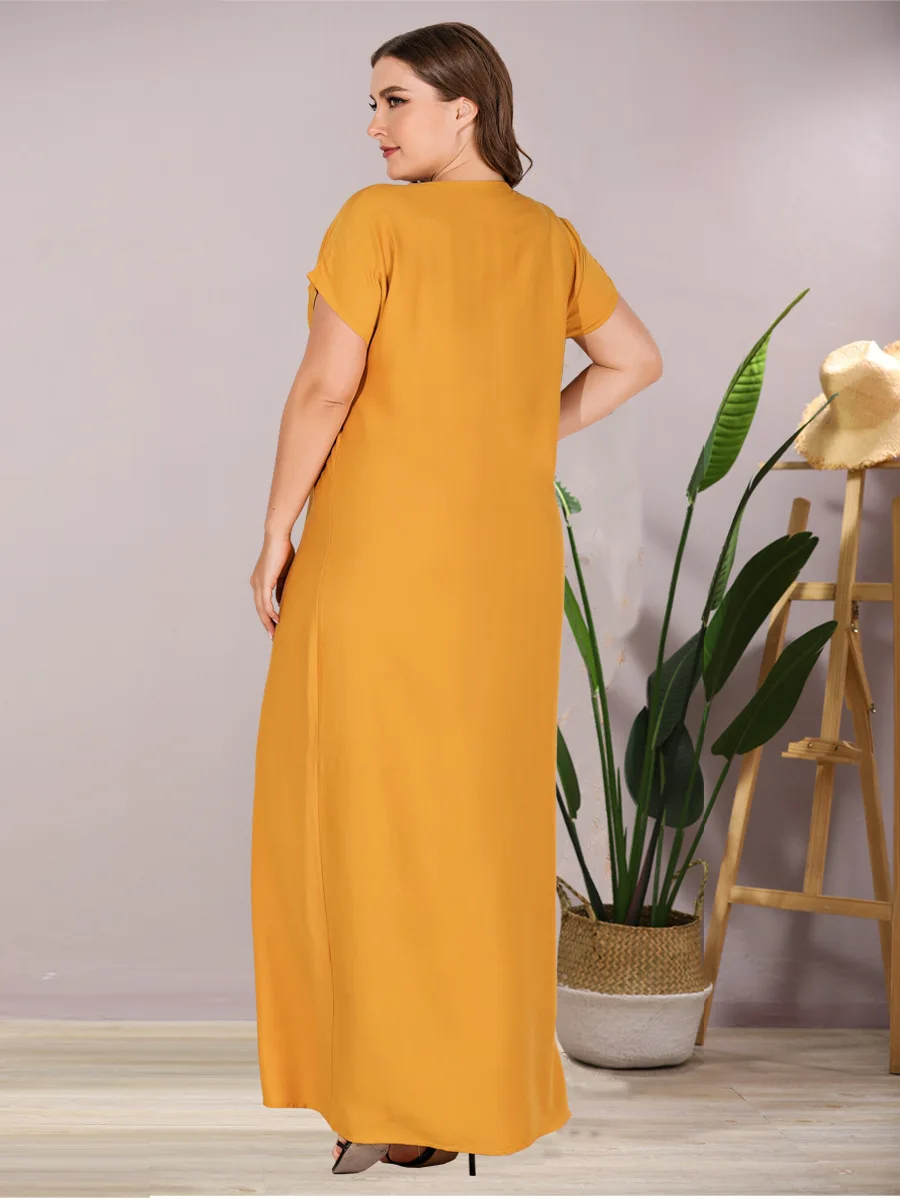 

DOIB Plus Size Maxi Dress Women Yellow Embroidered Beading Long Arabian Dresses 2020 Summer Loose Casual Large Size Dress