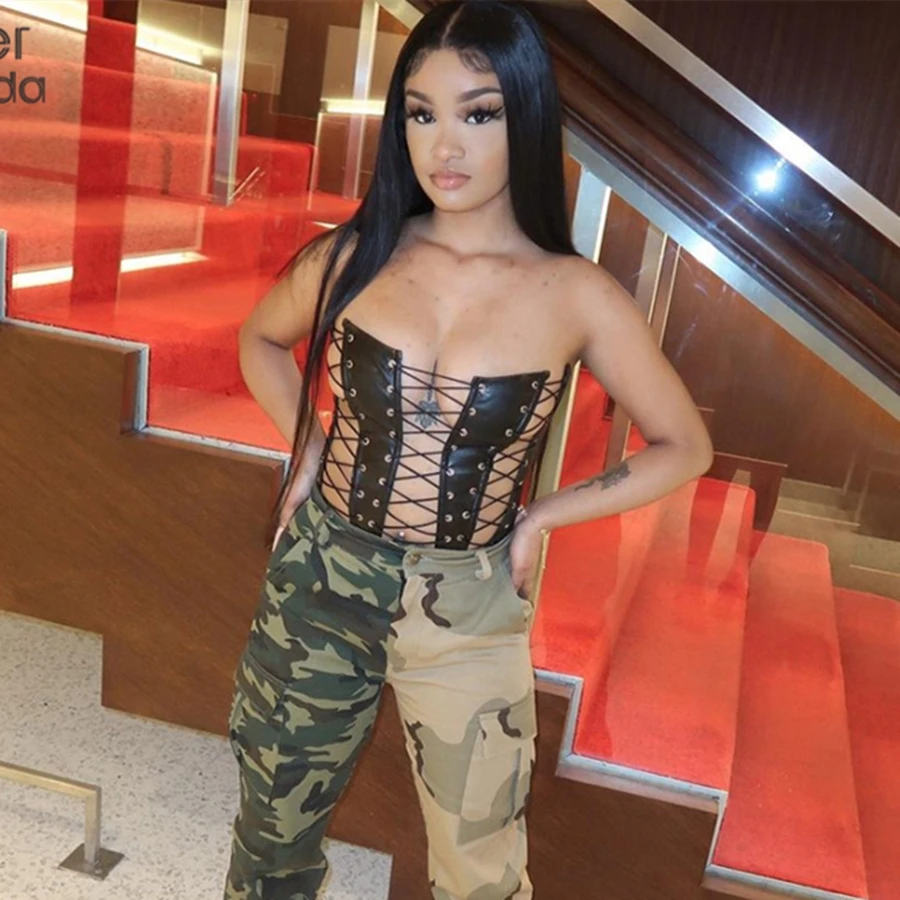 

Sisterlinda Women Sexy Backless Hollow Lace Up Bandage PU Leather Y2K Corset Tops Female Tanks Fashion Black Party Clubwear Tees