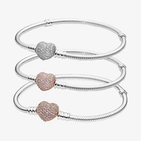 925 sterling silver pan bracelet shiny heart with crystal button bracelet fit european charm bracelets women jewelry