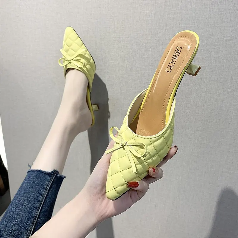 

2021 New Women Low Heel Mules Sandals Fashion Weave Leather Slipper Women's Shoes Pointed Toe Shallow Slip on Slides Shoes Mujer
