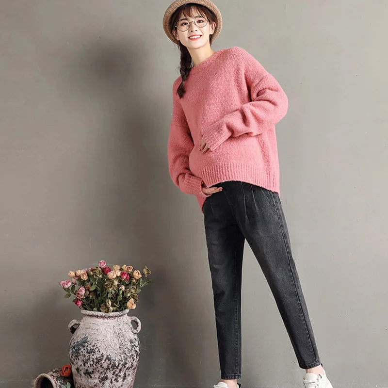 

Korean Fashion Maternity Jeans Pants Autumn Winter Clothes Trousers Keep Warm Solid Pregnancy Pants for Pregnant Woman Denim