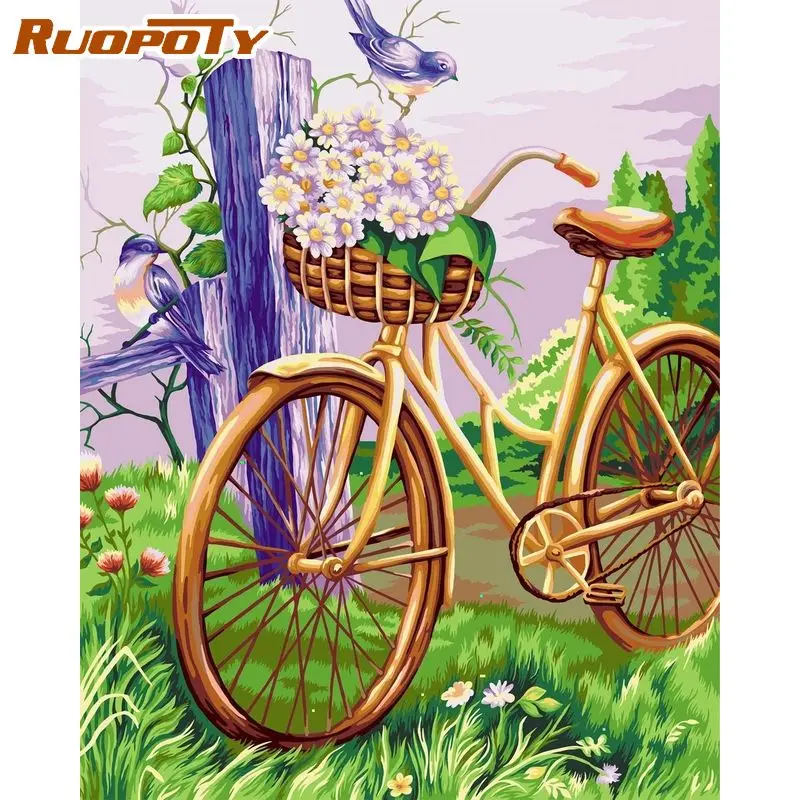 

RUOPOTY Frame Diy Painting By Numbers Acrylic Wall Art Picture Bicycle Scenery Coloring By Numbers For Diy Gift Artwork 60x75cm