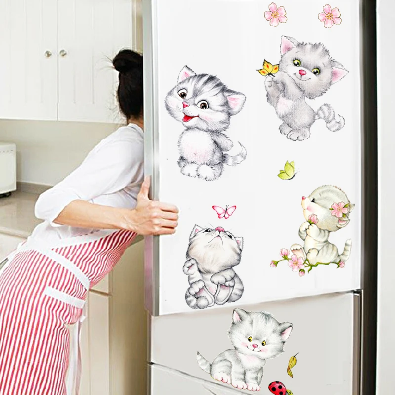 

Cute Baby Cat Decorative Stickers For Refrigerator Home Decoration Diy Cartoon Animal Kitten Wall Mural Arts Pvc Toilet Decals