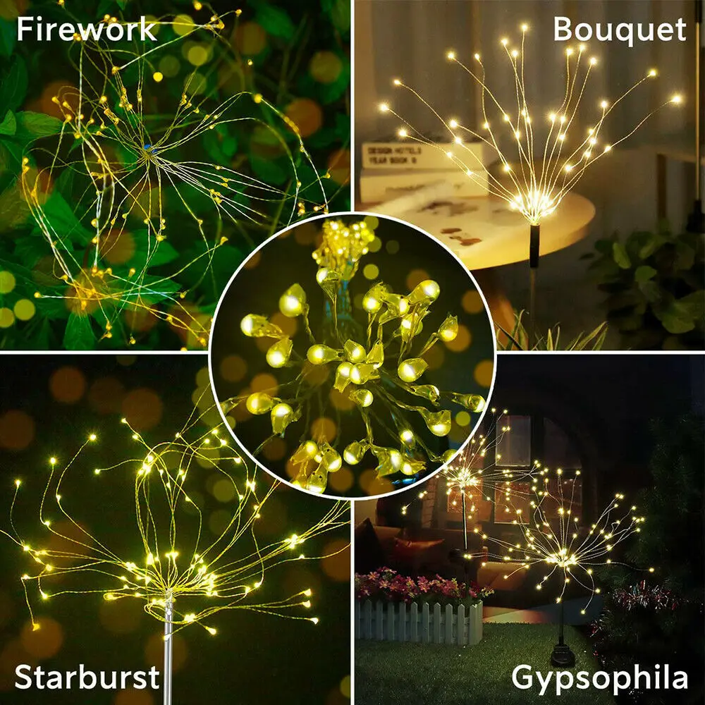 

1pc Outdoor LED Solar Firework Lights 90/120LED Garden Fairy String Light Home Path Starburst Lamp Christmas Lights Decorations