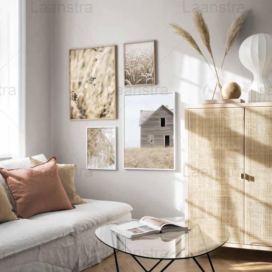 

Autumn Plant Home Decoration Painting Weeds Grassland Wooden House Living Room Canvas Poster Foxtail Wheat Ear Bedroom Print
