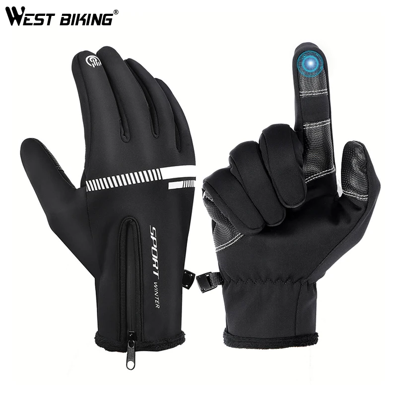 WEST BIKING перчатки для велоспорта, Зимние флисовые тепловые перчатки для горного велосипеда, перчатки для сенсорного экрана на открытом воздухе, для кемпинга, пешего туризма, мотоциклетные велосипедные перчатки