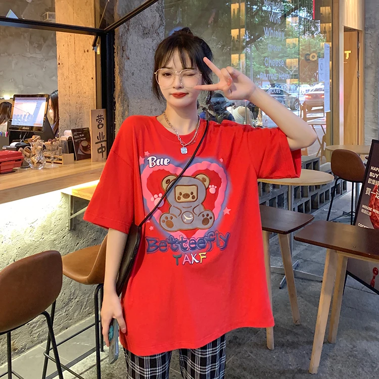 

2236 2021 spring and summer print cute flocking bear short-sleeved T-shirt