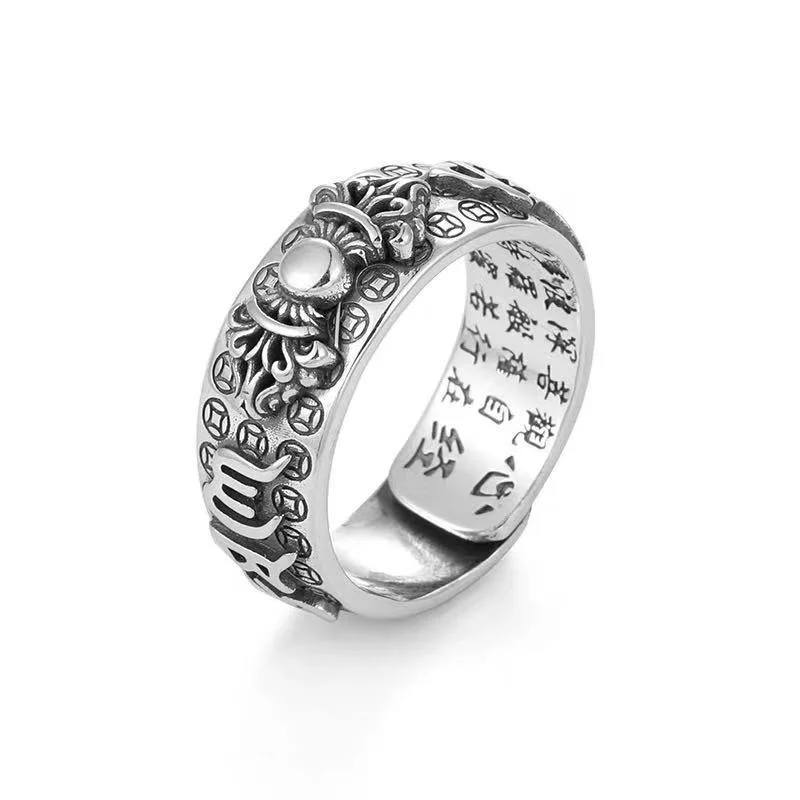 Vintage Silver Plated Heart Sutra Lucky Cloud Carved Ring Red Stone Gems Pi Xiu Beast Men Women Finger Antique Jewelry | Украшения и