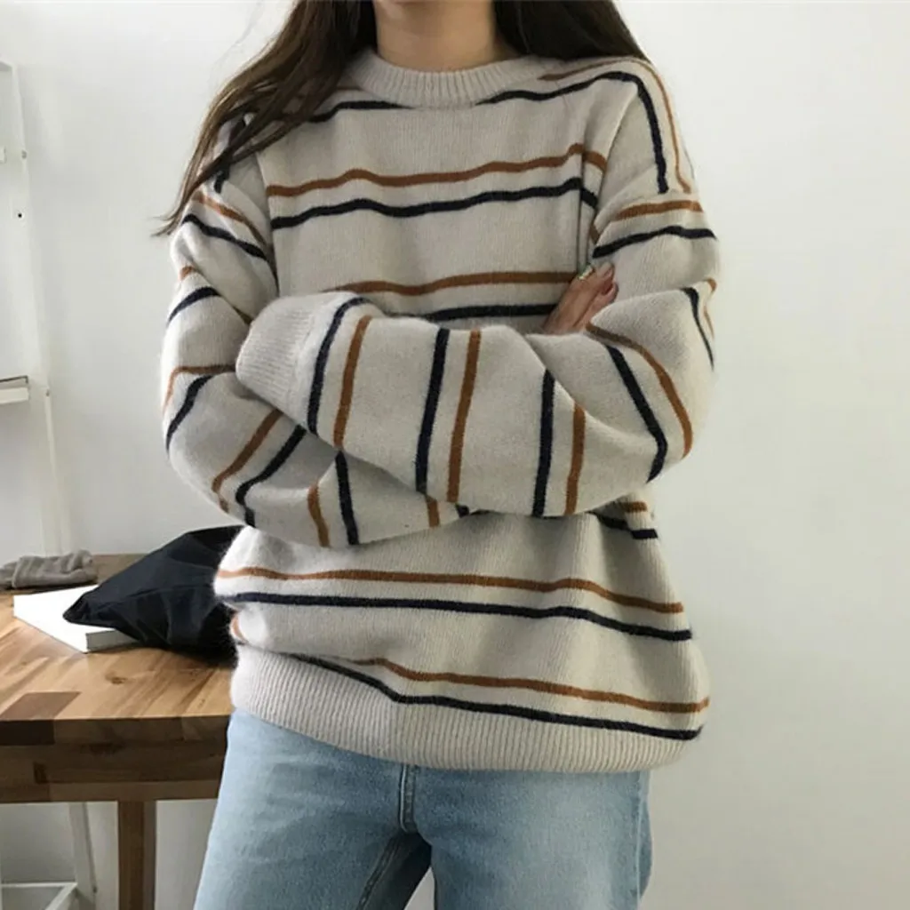 

Autumn winter women sweaters Stripe Autumn Leisure Top Long Sleeve Sweater O-Neck Blouse slim solid knitted jumpers