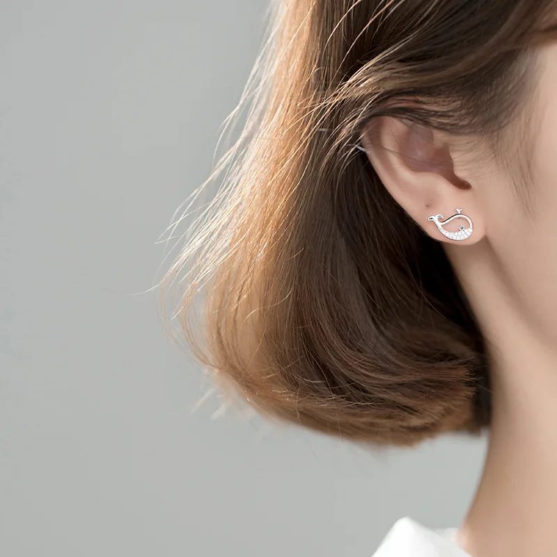 925 серебряные пухленькие милые маленькие серьги в виде Кита с фианитом CZ для