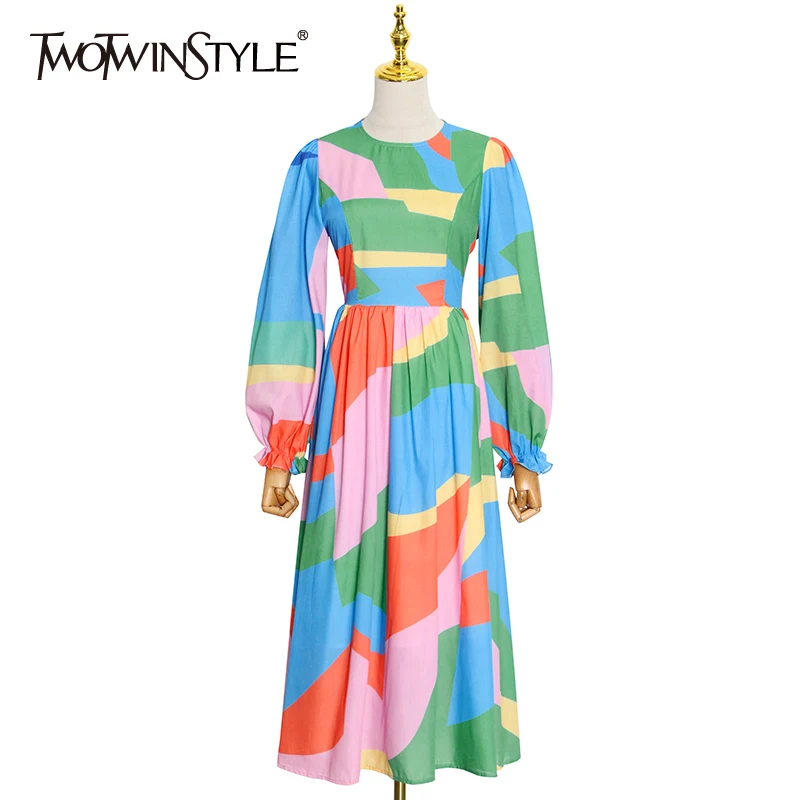 

TWOTWINSTYLE Argyle Print Dress For Women Colorblock Loose High Waist O Neck Lantern Sleeve Bohemian Style Dresses Female 2021