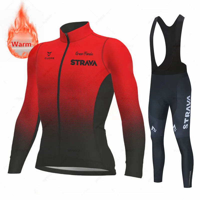

New Strava Winter Bicycle Set Bike Cycling Team 2022 Thermal Fleece Long Sleeve Sportswear Autumn Racing Pro Jersey Suit for Men