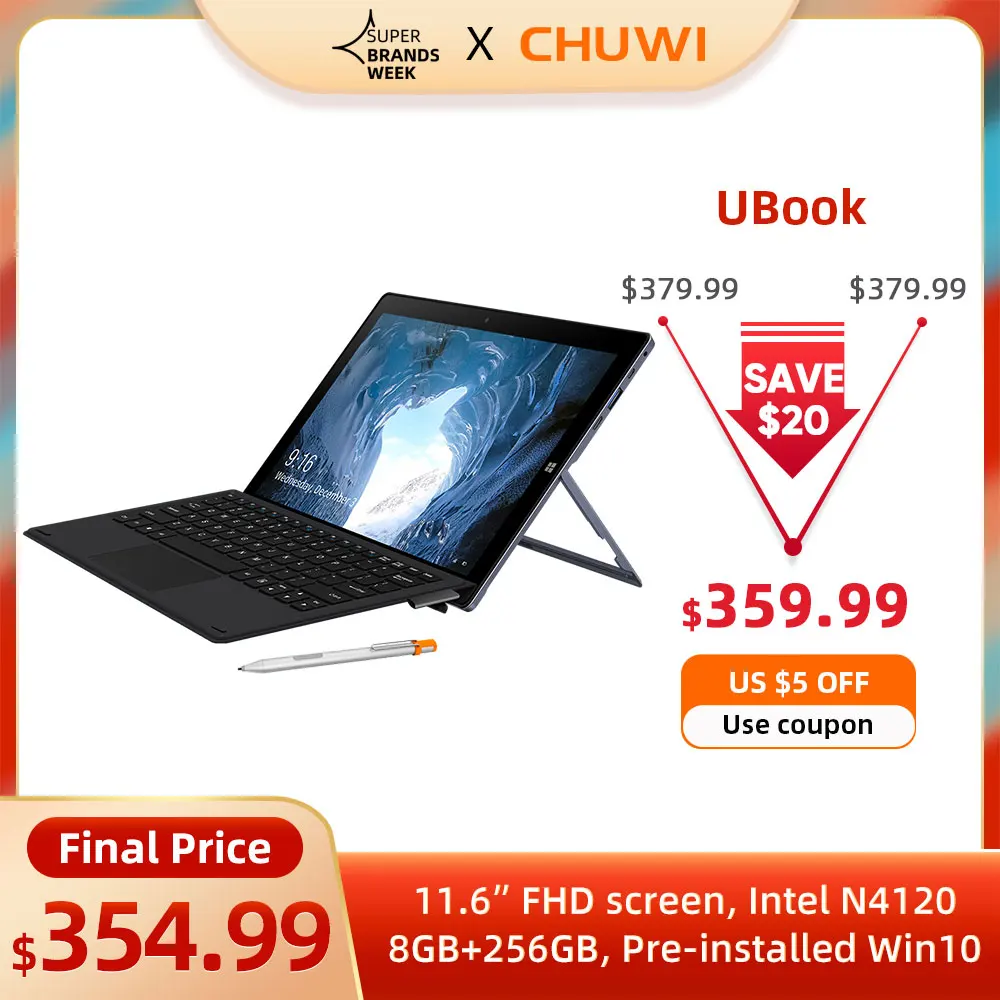 

CHUWI UBook 11.6 Inch IPS Screen Tablet PC Intel Celeron N4120 Quad Core LPDDR4 8GB 256GB SSD Storage Windows 10 OS Tablet