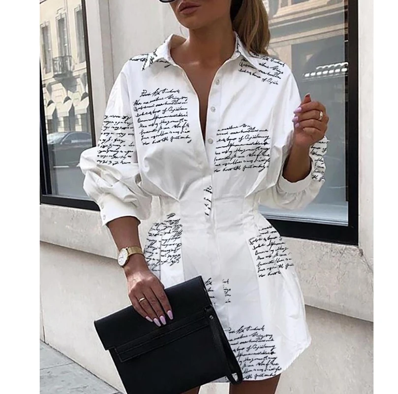 

New Women OL Long Sleeve Deep V Shirt Dress Sexy Printing Elegant Dress