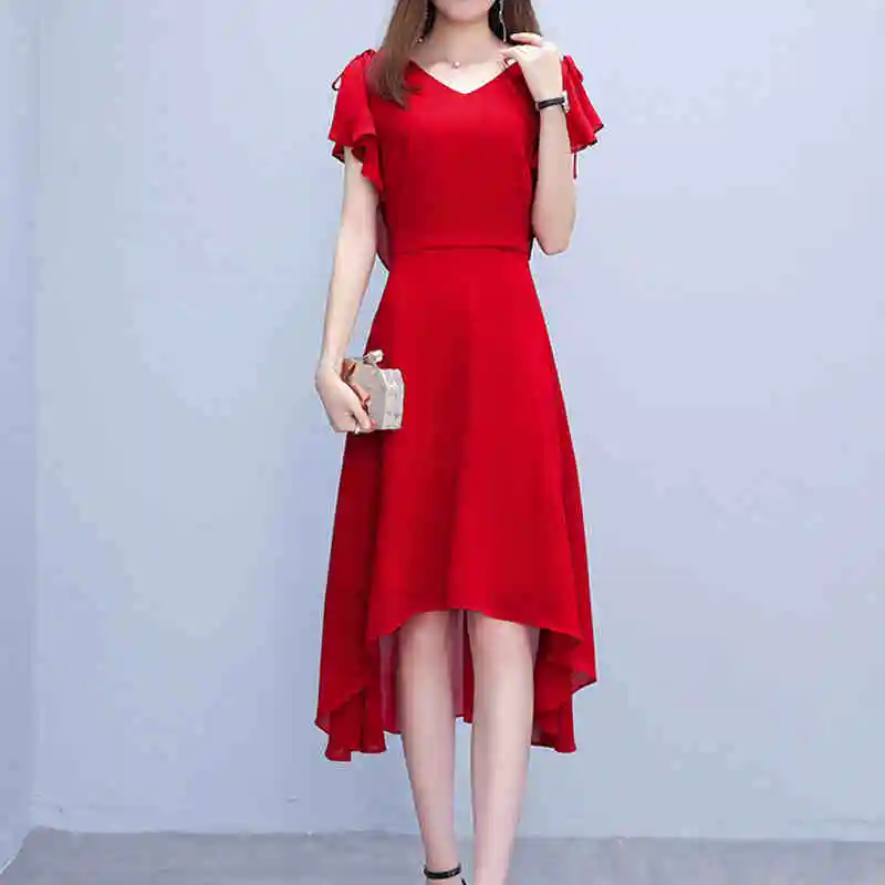 

Summer Dresses Women 2020 New Solid V-neck Sexy Irregular Chiffon Dress Plus Size 4XL Bohemian Beach Dress Female Vestidos J183