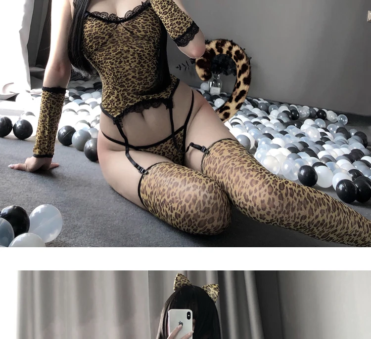 

New Sexy Leopard Print Cosplay Women Wild Animal Halloween Costume Night Club Cat Fancy Dress Headband Roleplay Uniform