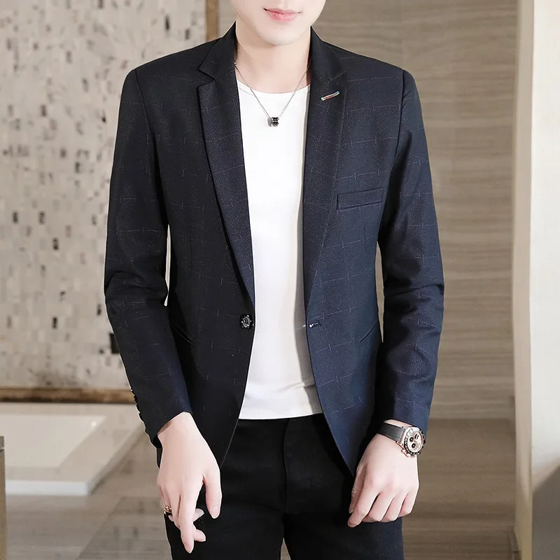 

HOHO 2020 Men Plaid Printed Suit Trend Youth Slim Fit Handsome England Casual Suit