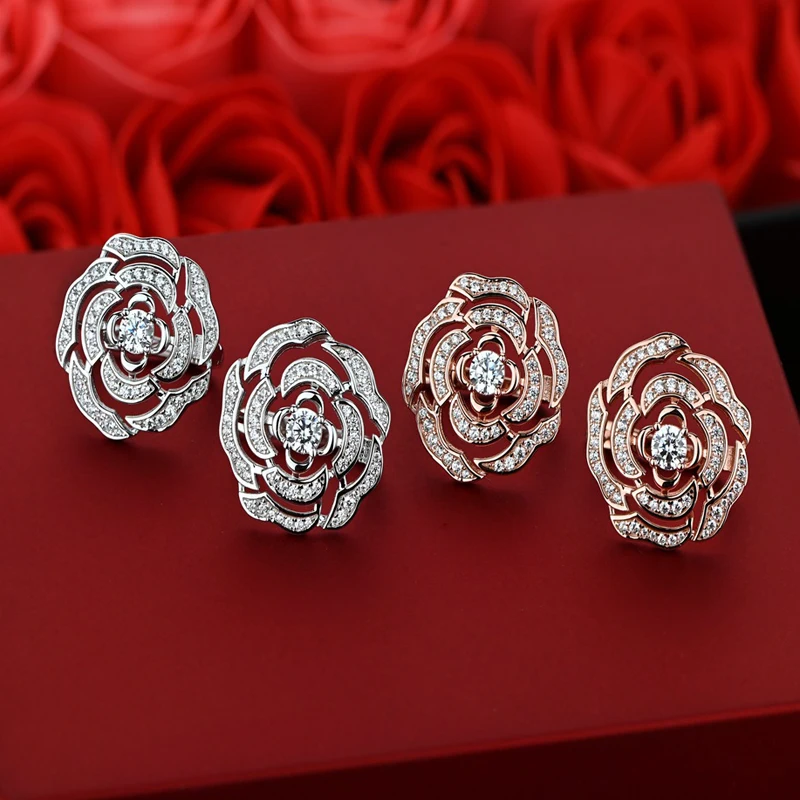 

925 Sterling Silver Sparkling High Carbon Diamond Hollow Out Rose Flower Stud Earrings For Women Party Fine Jewelry