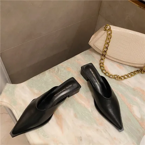 

Ins Hot Pointed Toe Summer Shoes Women Thick Heel Half Slippers Mules 2021 Spring Female Casual Shoes Black Slippers Womens