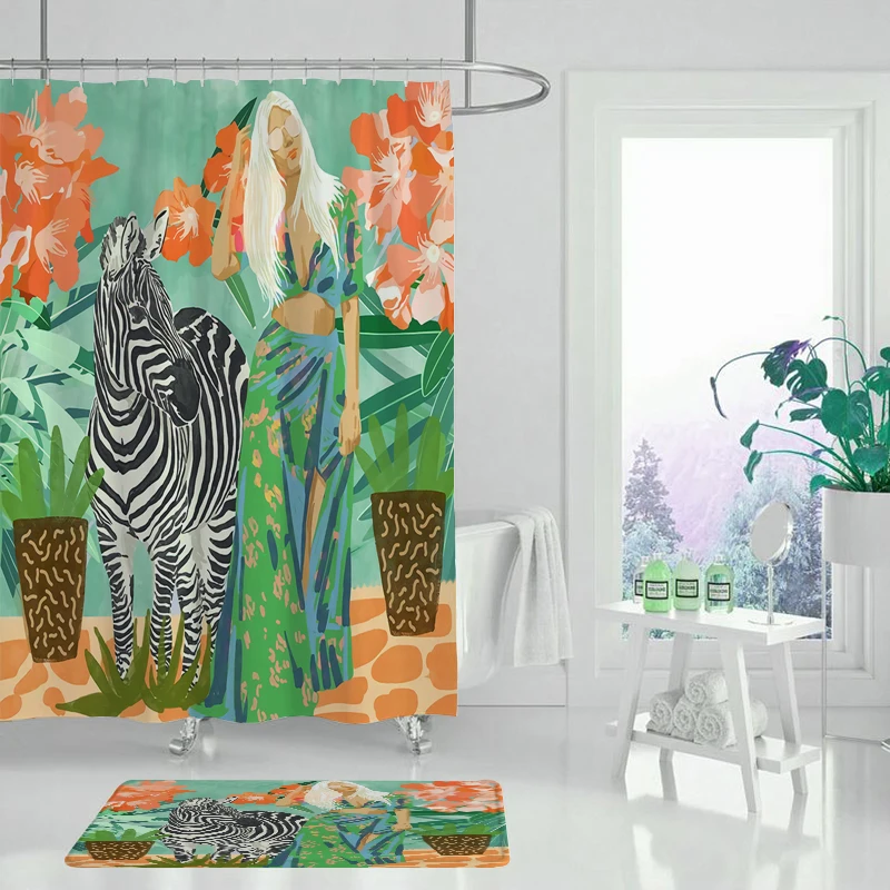 Занавеска для душа с милыми животными зеленые растения цветы листья красивый