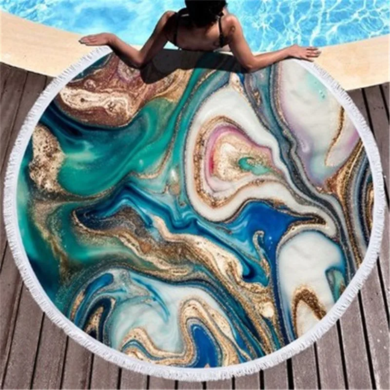 

150cm Beach Towel Round Large Yoga Towel With Tassel Beach Mat Blanket Cover Microfiber Marble Abstract Pattern