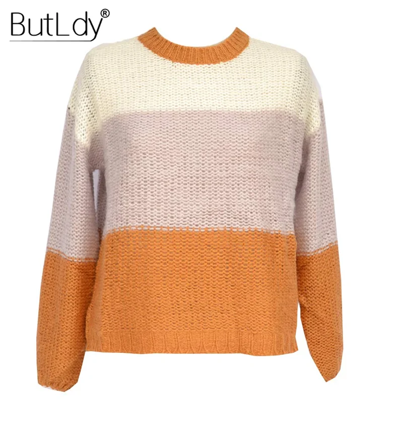 

O-neck Stitching Stripe Sweater Women Long Sleeve Autumn Winter New Style 2019 Pullovers Loose Thick Knitting Female Sweater