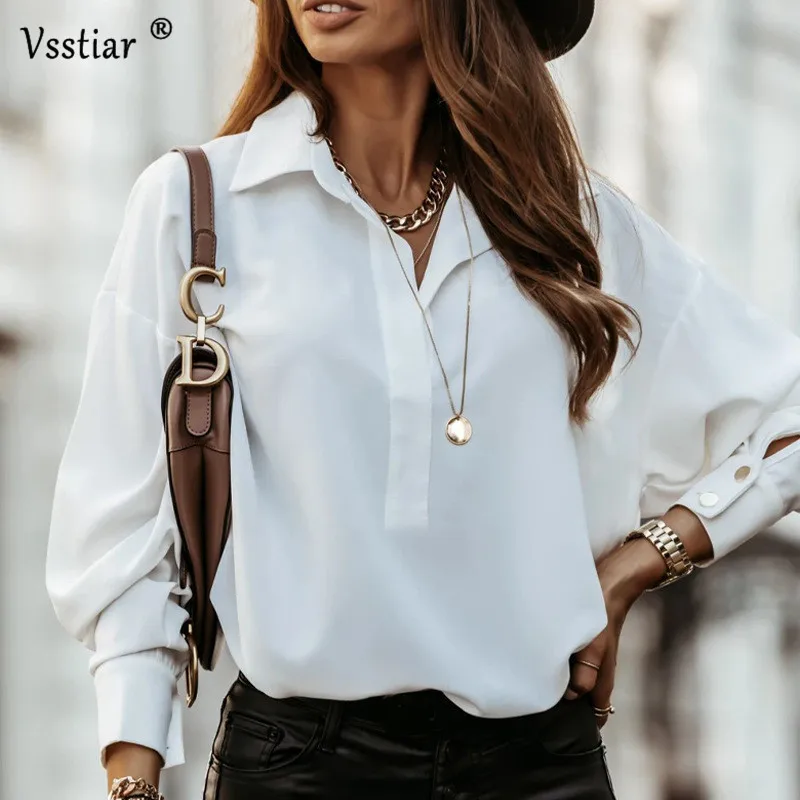 

Plus Size Casual Women Blouse 2021 White Pink Long Sleeve Sexy V Neck Elegant Shirts Solid Female Fashion Tops