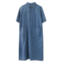 Plus Size Women's Summer Denim Dress Retro Short Sleeve Solid Long Maxi Dress Robe Vestido Sundress Loose Denim Shirt Dresses (1)