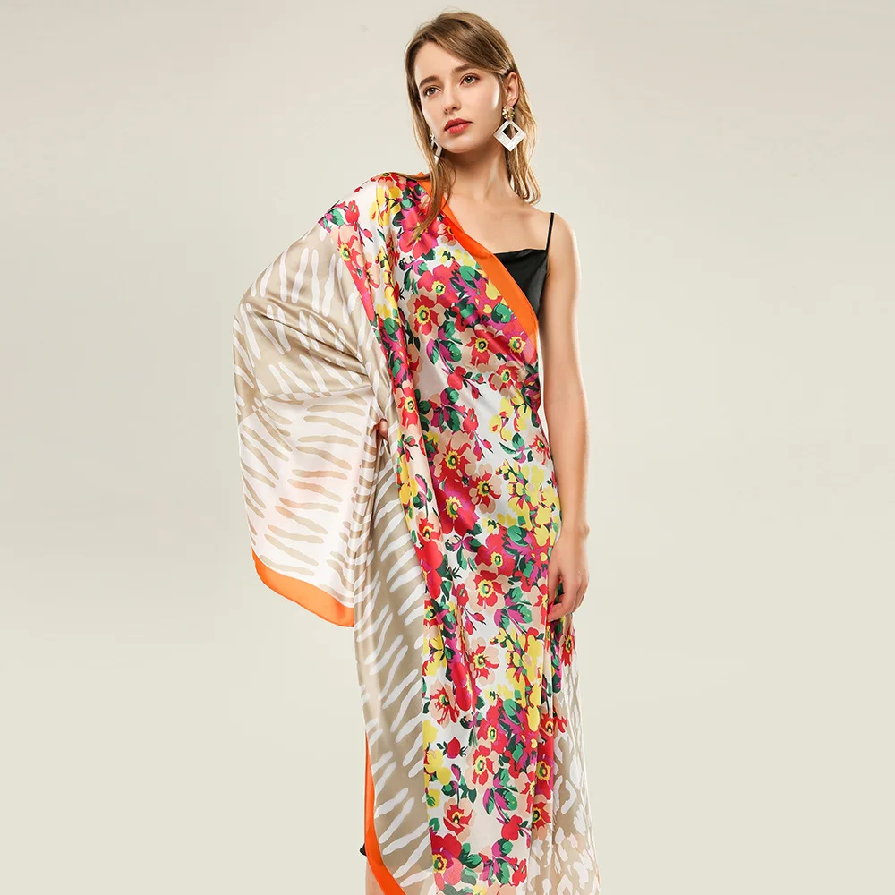 

Женский шелковый шарф, длинная бандана, дизайнерская брендовая повязка на голову, новый хиджаб, шаль, платок с цветочным принтом, фуляр, длинный шарф