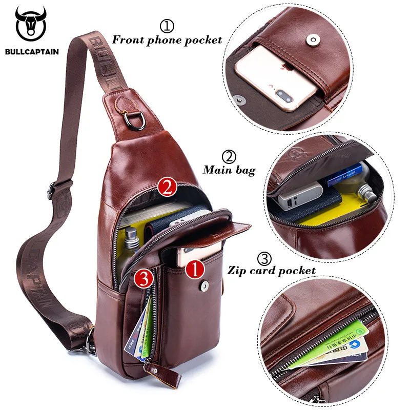 melhor Bullcaptain Bolsa Mensageiro De Couro Genuíno Masculino Casual Mochila De Peito Música Multifuncional Bolsa De Viagem