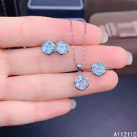 fine jewelry 925 pure silver inset with natural gem womens luxury classic hexagon blue topaz pendant ring earring set support d