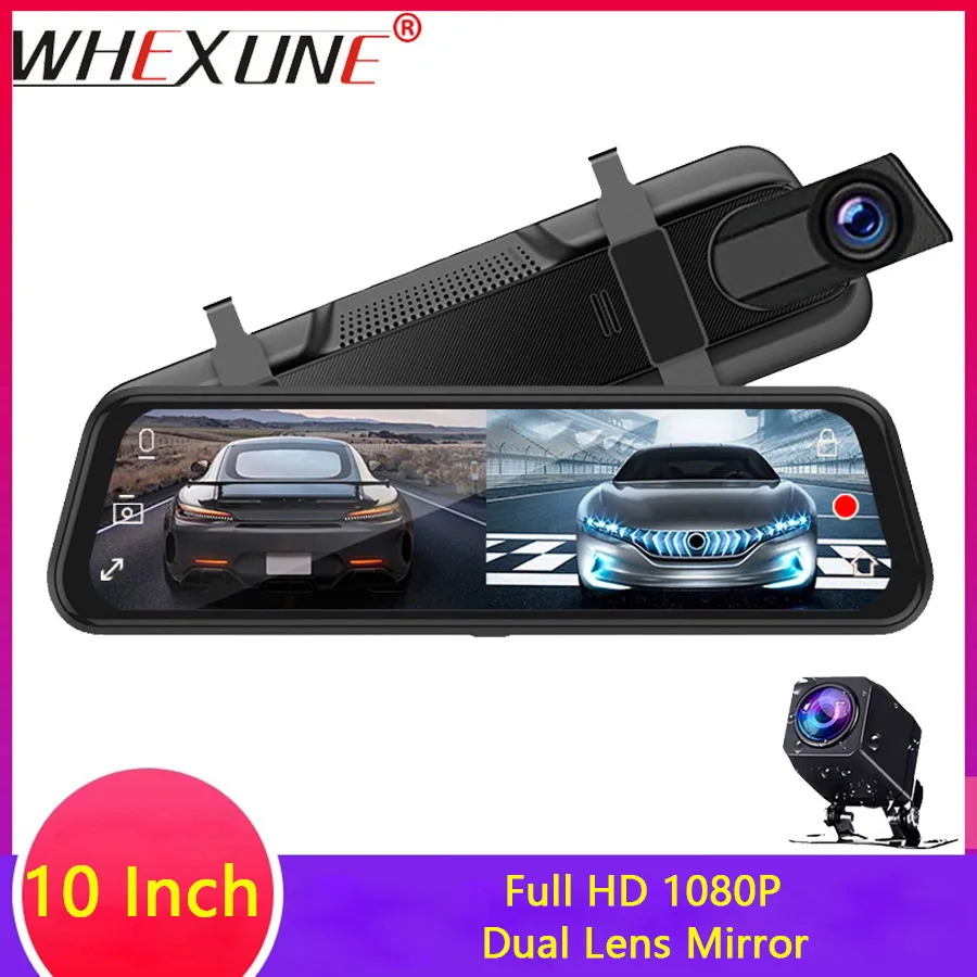 

WHEXUNE 10" IPS Screen Car Rearview Mirror Dual Lens Dash Cam car dvr Camera FHD 1080P Drive Recorder Stream Rear View Mirror