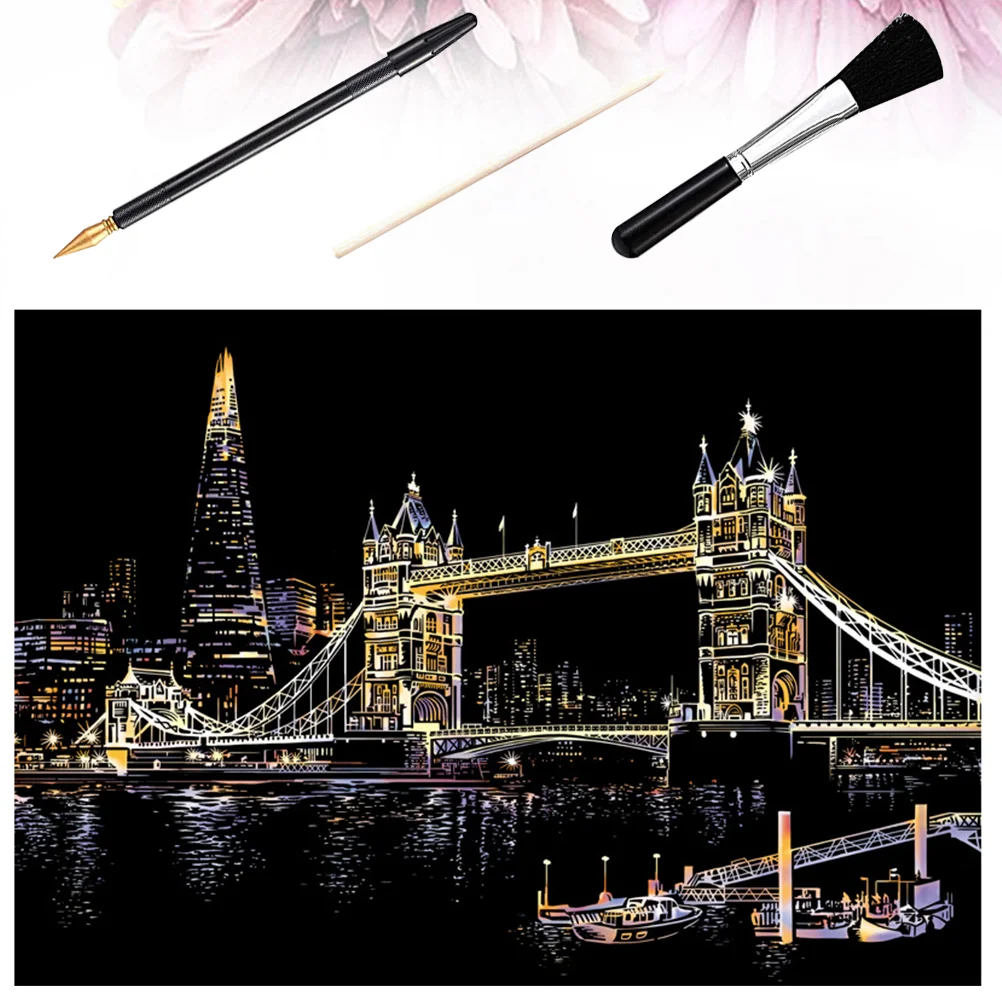

1 Set Tower Bridge Picture Kit Scratch Painting Supplies DIY City Night Drawing Scratch Paper Tools Kit