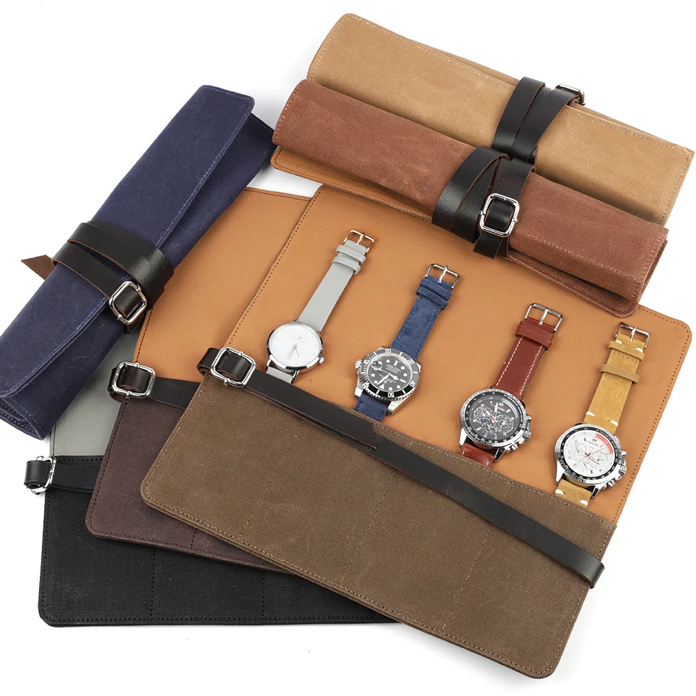 

Four Grid Wet Wax Canvas Watch Box Collection Protection Watch Bracelet Storage Bag Portable Travel Jewelry Case