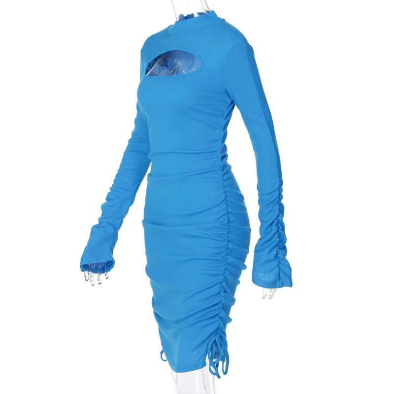 

Knit Rib Bandage Hollow Out Bandage Ruched Dress Flare Long SleeveTurtleneck Drawstring Lace Up Mini Bodycon Streetwear Clothes