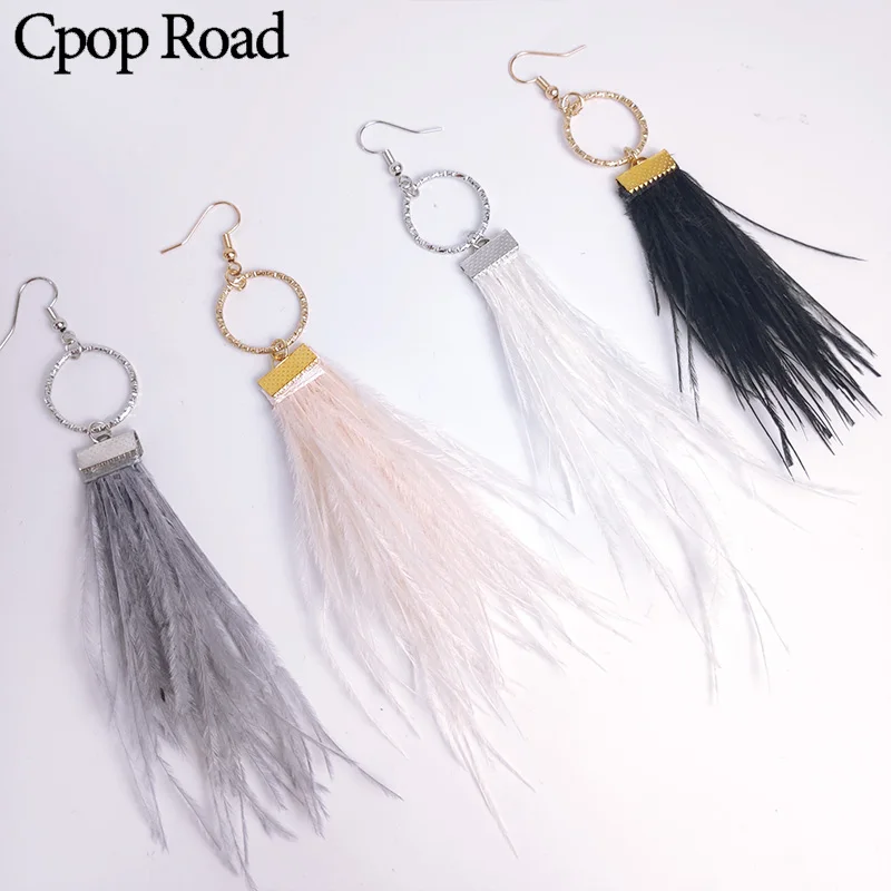 Женские серьги-кисточки с перьями Cpop модные массивные серьги цирконом и круглой