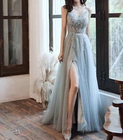 blue celebrity dresses a line split fork beading spaghetti strap tulle sexy red carpet floral print party evening gowns elegant