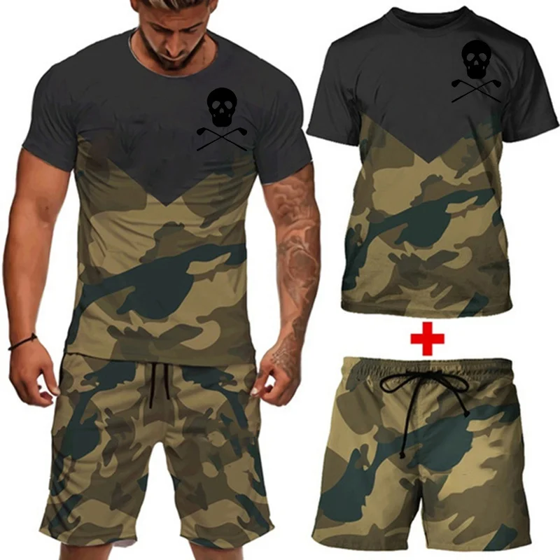 Men's Camouflage Suit Short Sleeve Sportswear Men's Fashion Printed Short Sleeve Sweat-Absorbing 2Piece Set T-shirt + Shorts