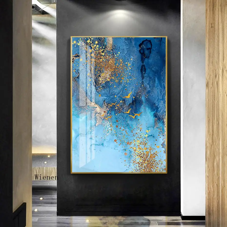 

Modern Abstract Blue Gold Marble Texture Canvas Painting Wall Art Poster and Print Pictures for Living Room Interior Home Decor