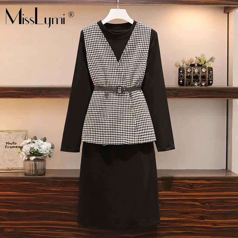 L 4XL размера плюс женское элегантное платье из двух частей осень 2020 с длинным