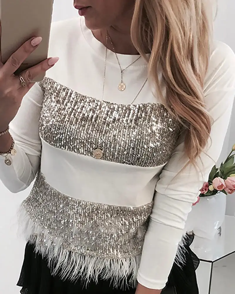 Женская блузка с длинным рукавом и блестками|Блузки| |