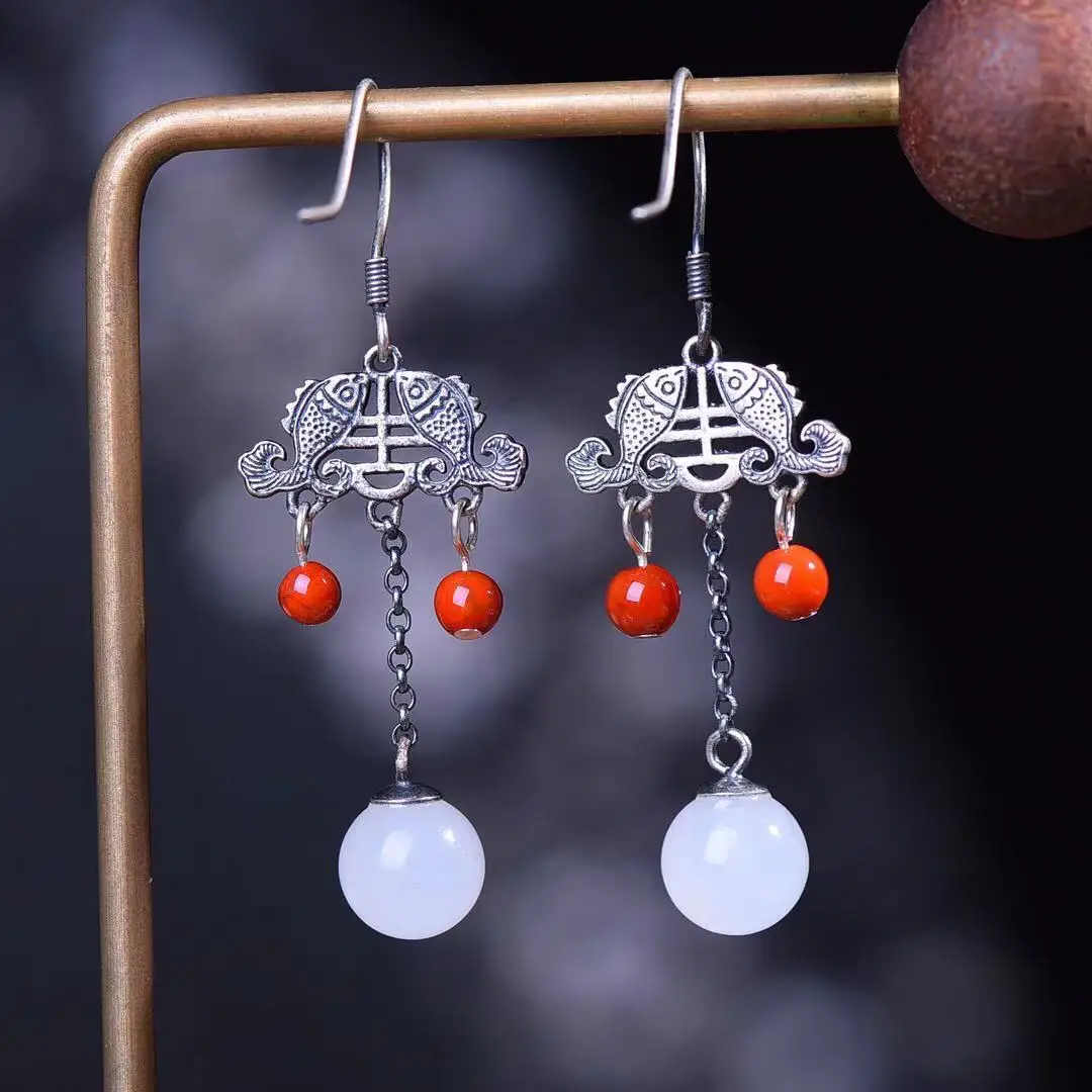 

Natural 925 Silver Inlaid Hetian Jade White Jade Beads with Southern Red Earrings