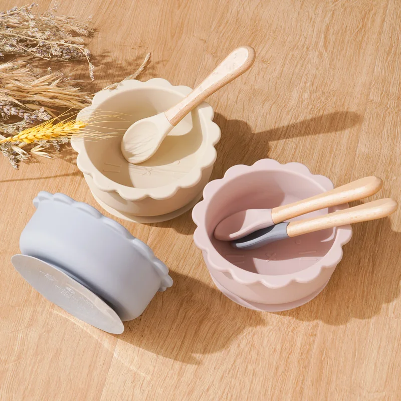 Cute Silicone Bowl Children's Tableware Supplementary Food Bowl BPA-free Waterproof Tableware Plate Wooden Spoon Silicone Fork